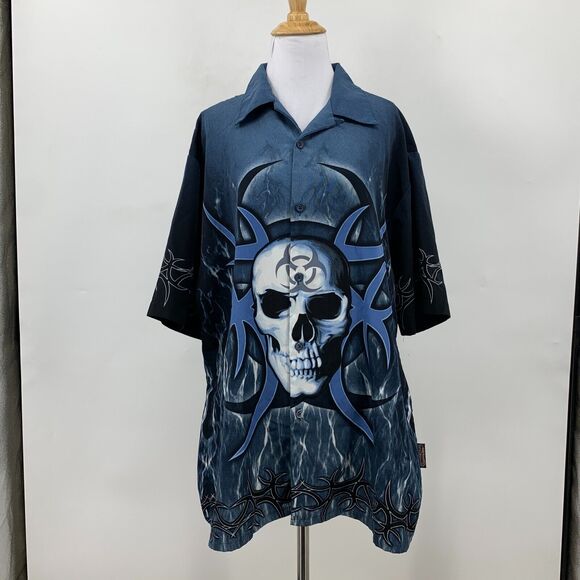 Sapphire Lounge Tribal Skull Shirt Mens L Large Blue Short Sleeve Button Up - Picture 2 of 10